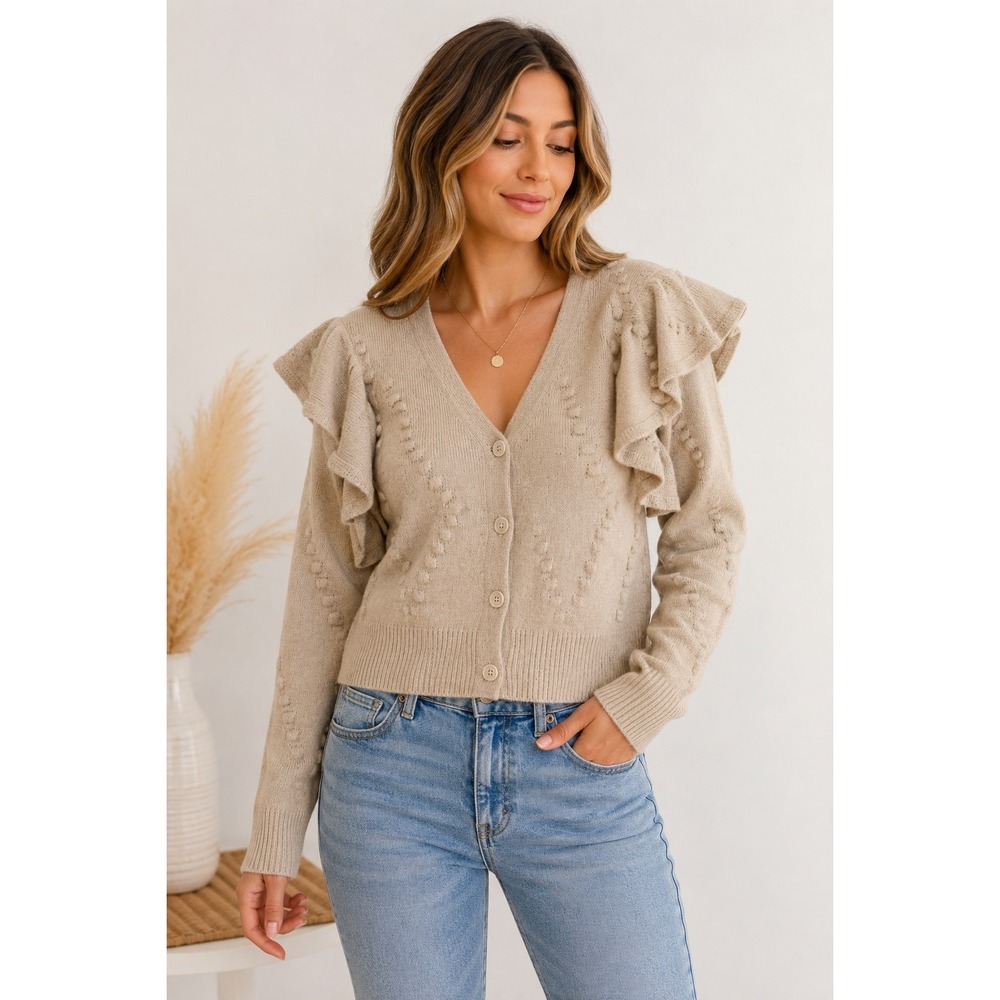 ASTR The Label Women's Large Beige Ruffle Shoulder Pointelle Knit Button Front